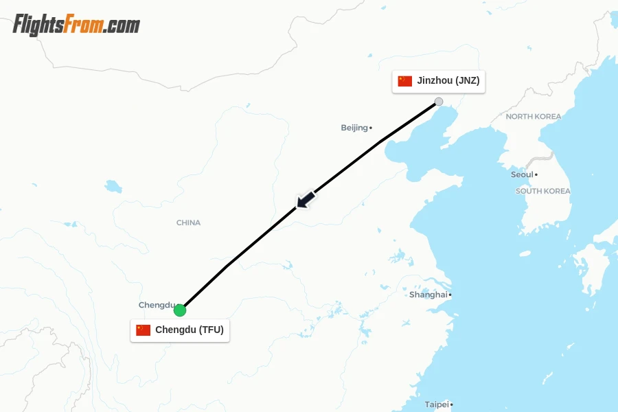 Flights from Jinzhou to Chengdu route map