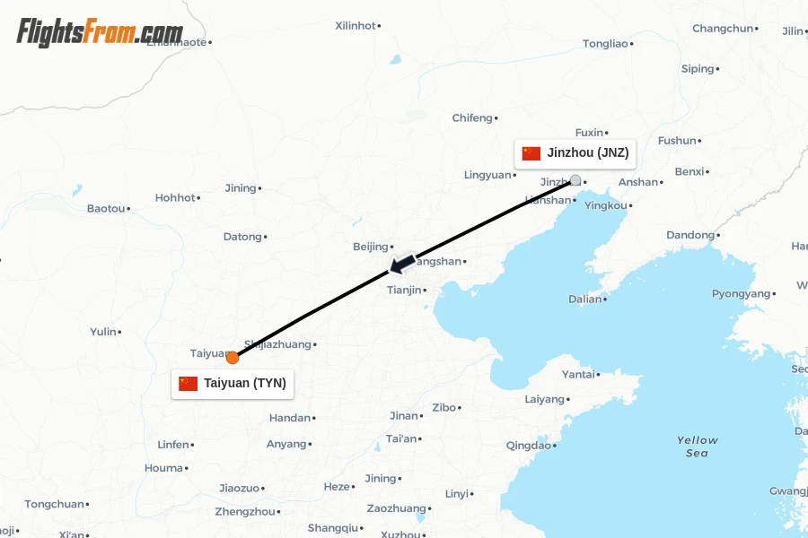 Flights from Jinzhou to Taiyuan route map