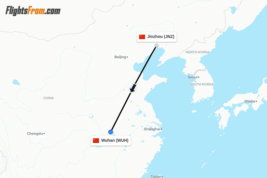 Flights from Jinzhou to Wuhan route map