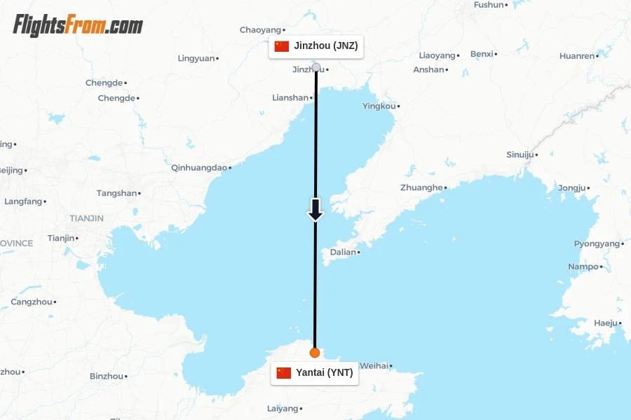 Flights from Jinzhou to Yantai route map