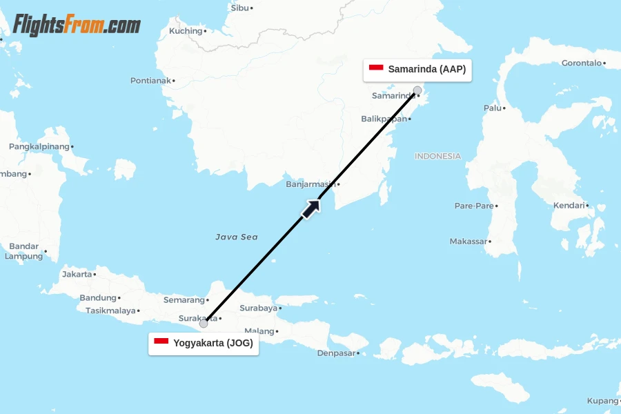 Flights from Yogyakarta to Samarinda route map