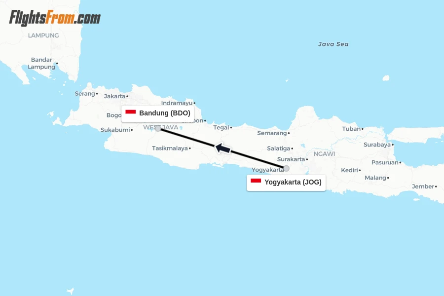 Flights from Yogyakarta to Bandung route map