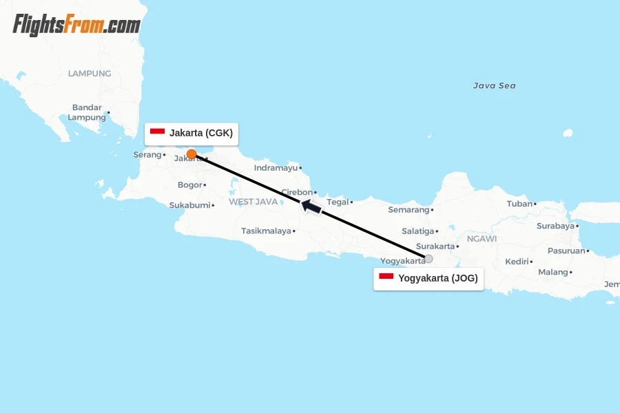 Flights from Yogyakarta to Jakarta route map