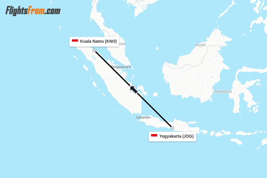 Flights from Yogyakarta to Kuala Namu route map