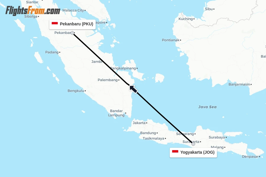 Flights from Yogyakarta to Pekanbaru route map