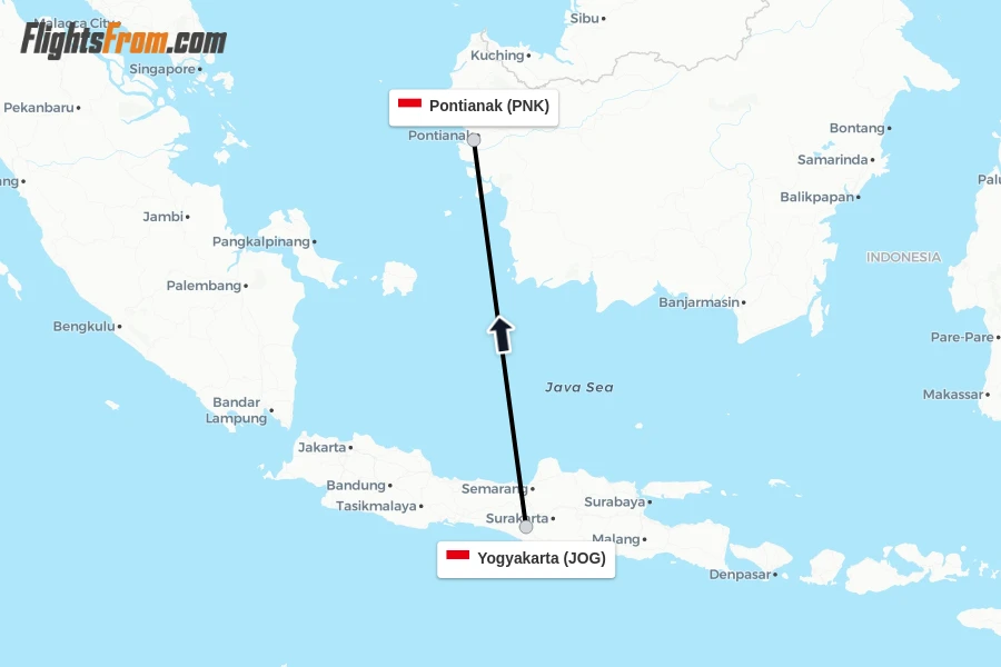 Flights from Yogyakarta to Pontianak route map