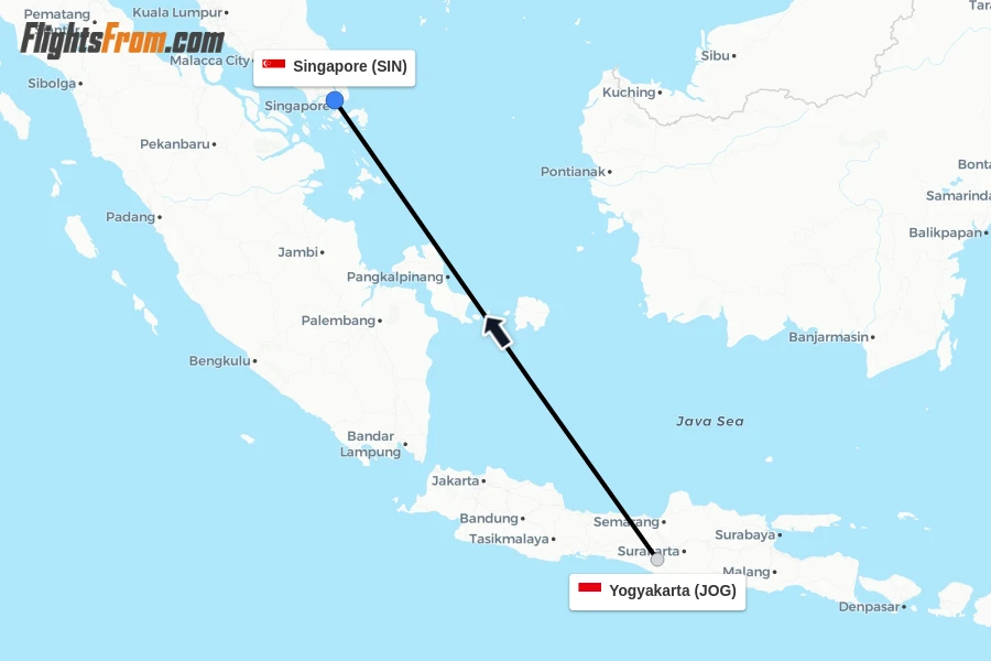 Flights from Yogyakarta to Singapore route map