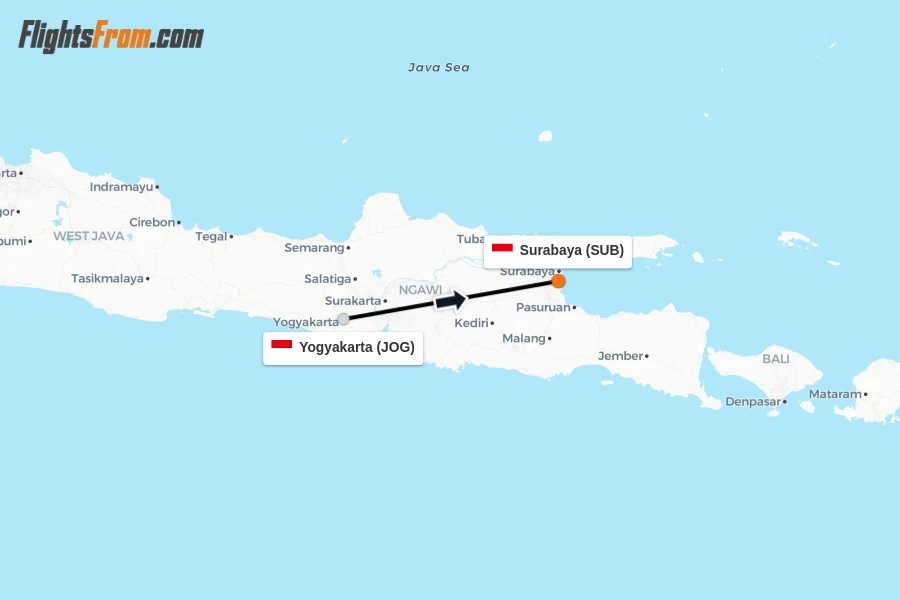 Flights from Yogyakarta to Surabaya route map