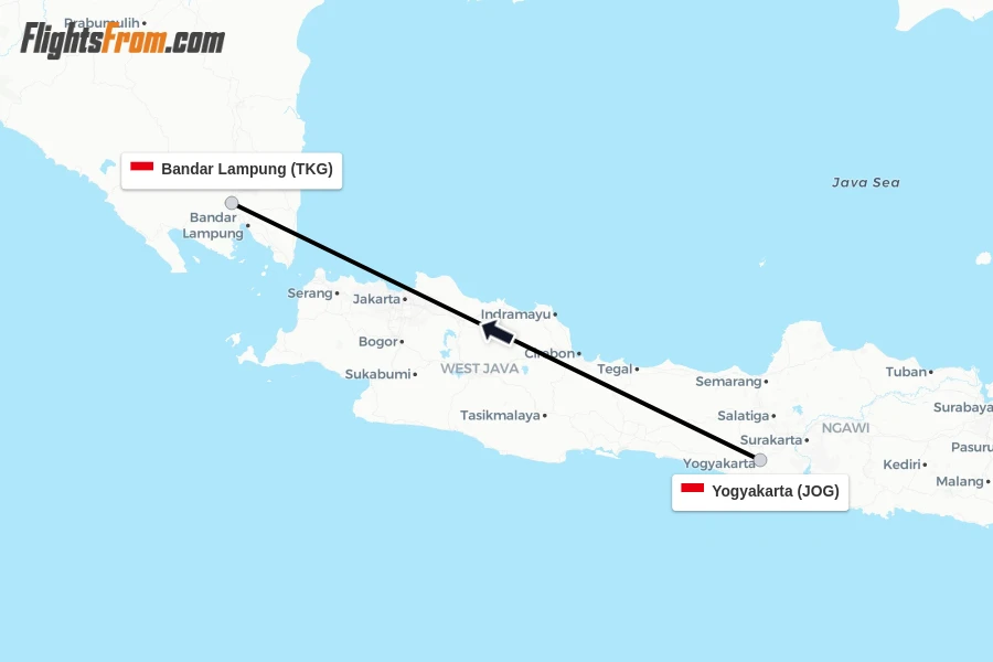 Flights from Yogyakarta to Bandar Lampung route map