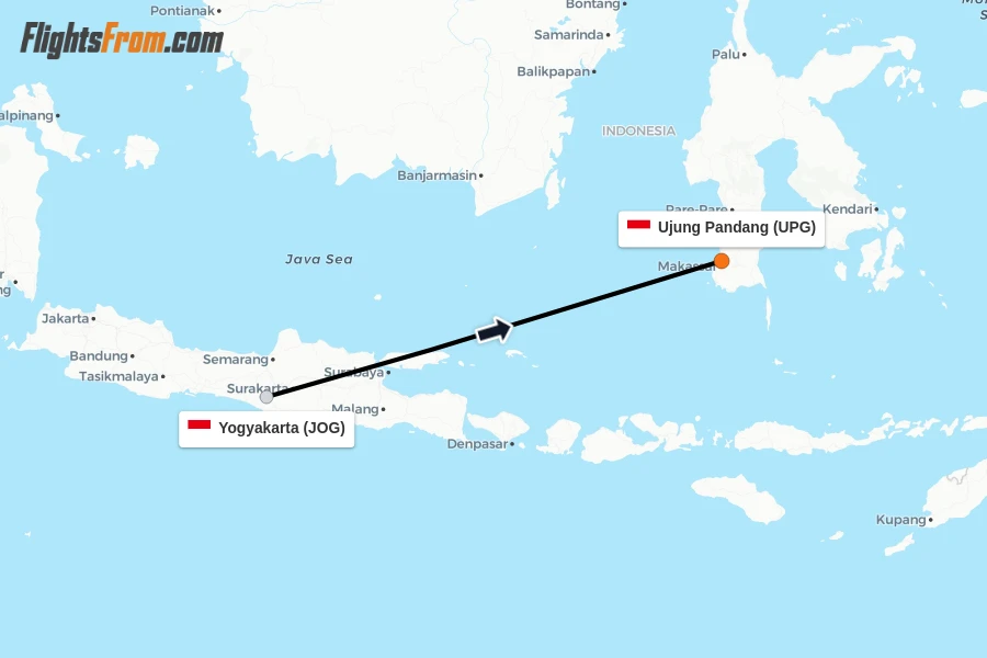 Flights from Yogyakarta to Ujung Pandang route map