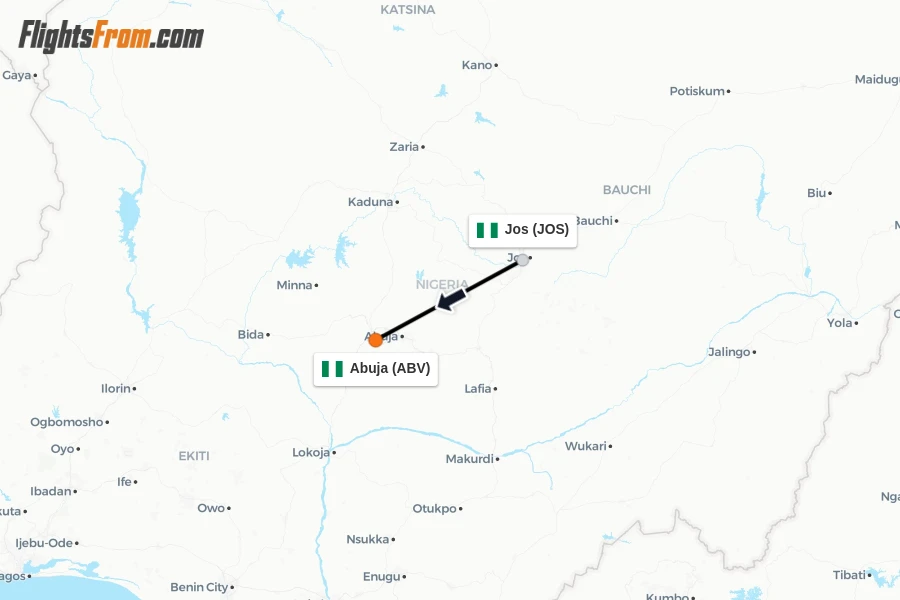 Flights from Jos to Abuja route map