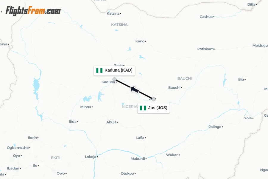 Flights from Jos to Kaduna route map