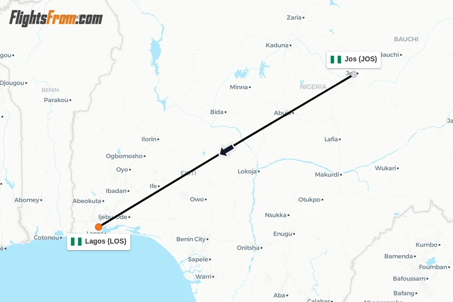 Flights from Jos to Lagos route map