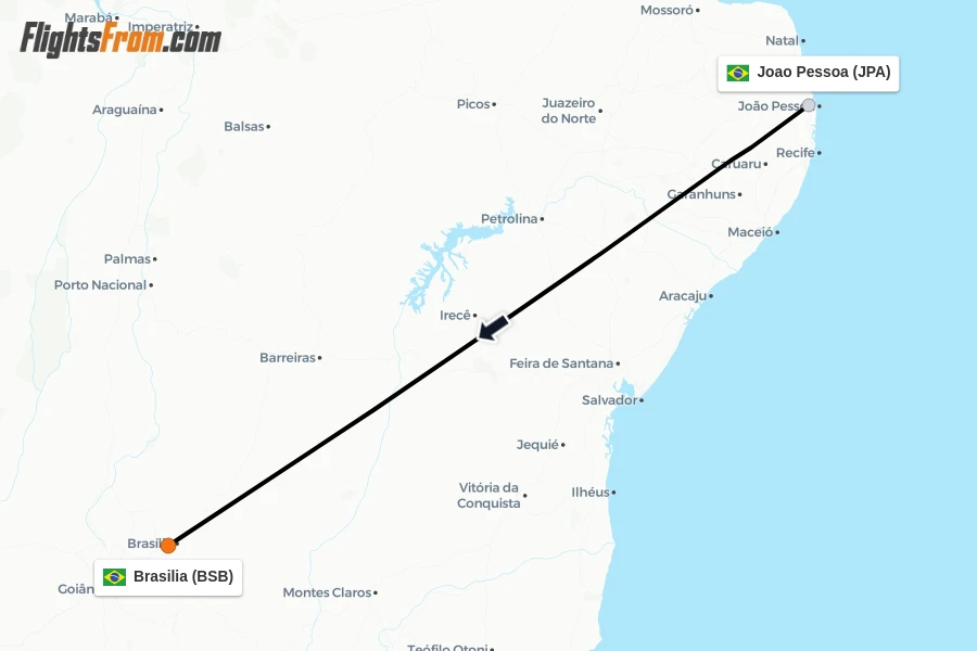 Flights from Joao Pessoa to Brasilia route map