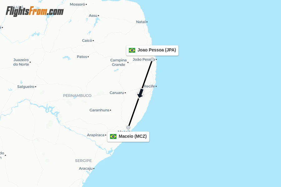 Flights from Joao Pessoa to Maceio route map