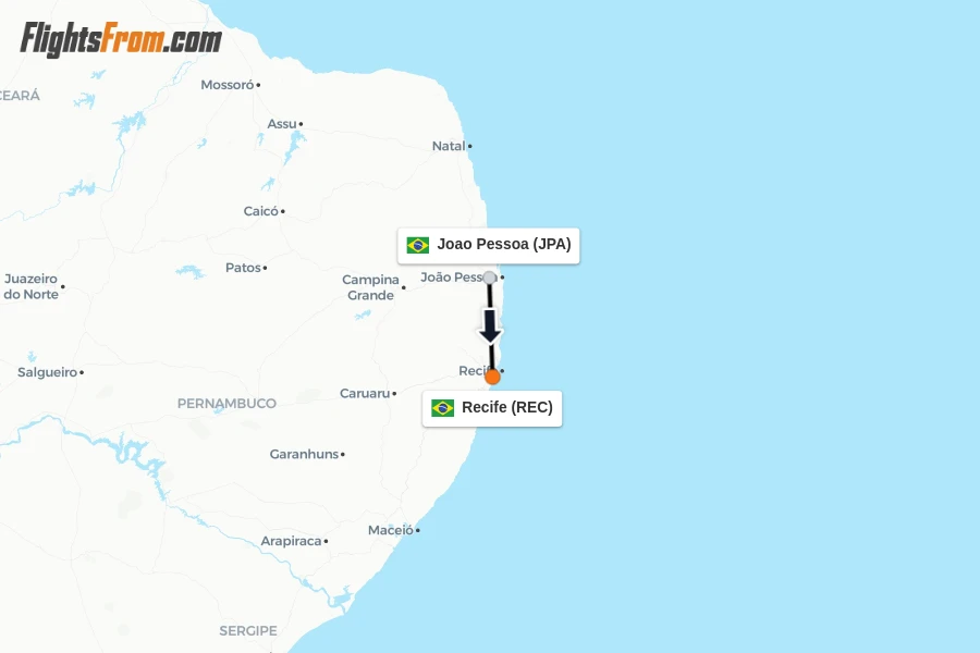 Flights from Joao Pessoa to Recife route map