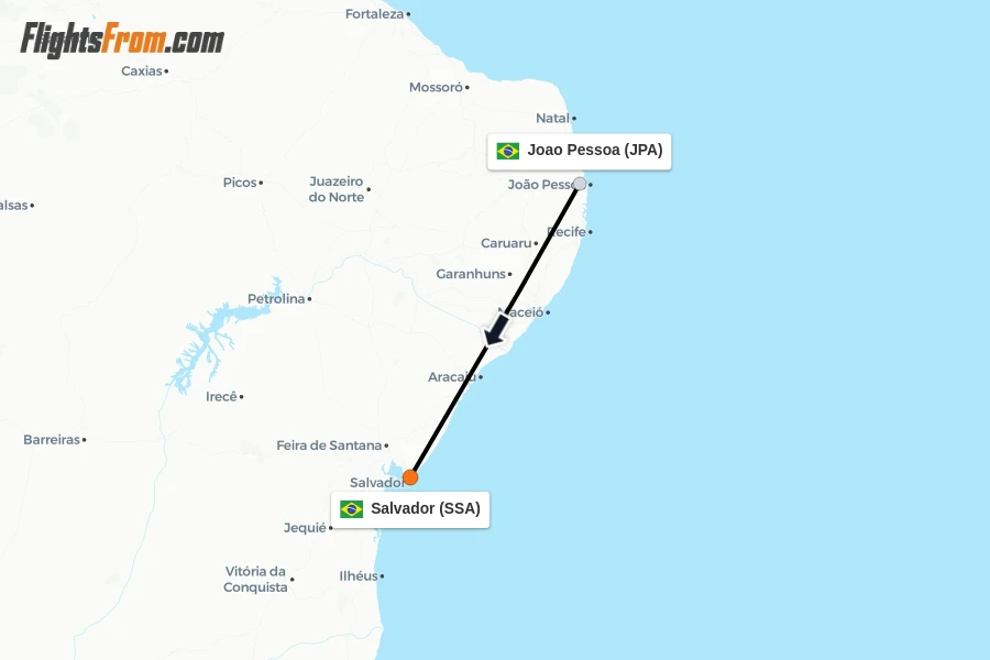 Flights from Joao Pessoa to Salvador route map