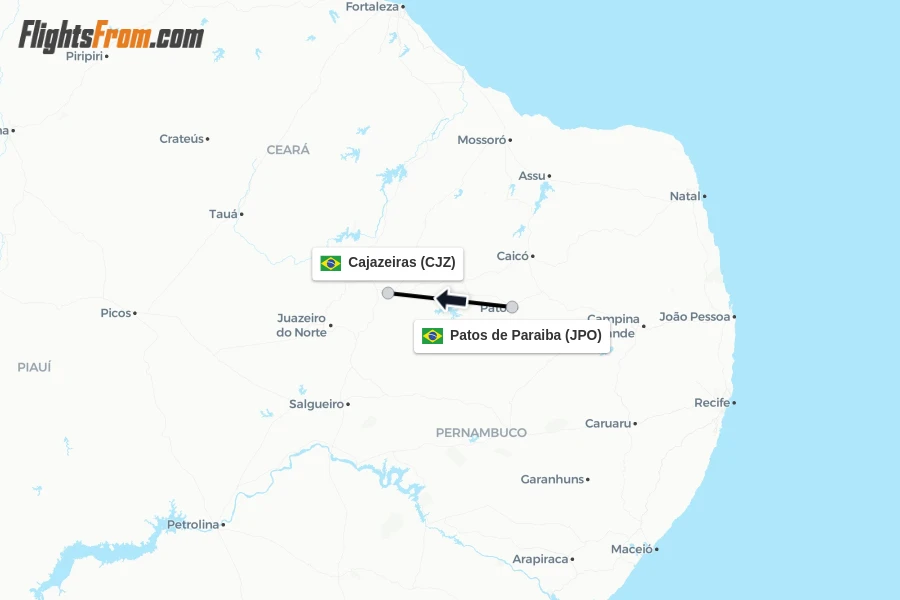 Flights from Patos de Paraiba to Cajazeiras route map
