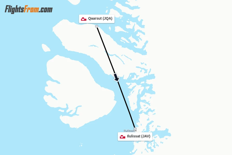 Flights from Qaarsut to Ilulissat route map