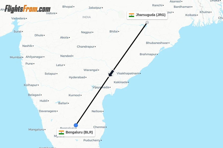 Flights from Jharsuguda to Bengaluru route map