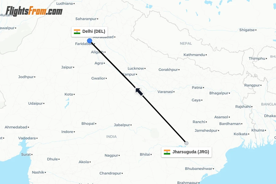 Flights from Jharsuguda to Delhi route map