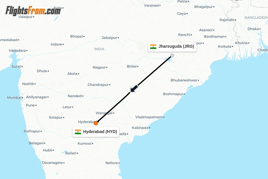 Flights from Jharsuguda to Hyderabad route map