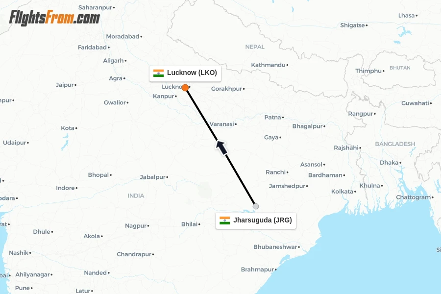 Flights from Jharsuguda to Lucknow route map