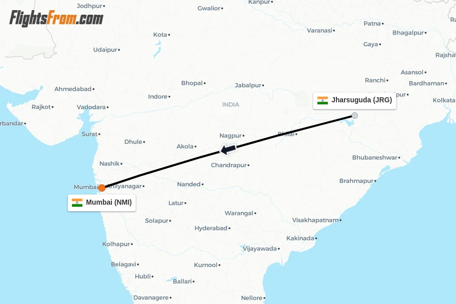 Flights from Jharsuguda to Mumbai route map