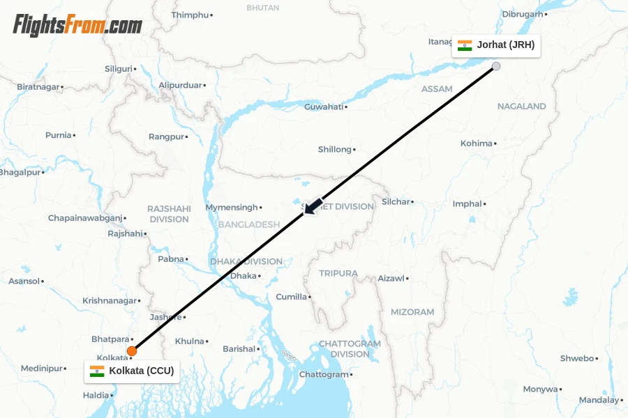 Flights from Jorhat to Kolkata route map