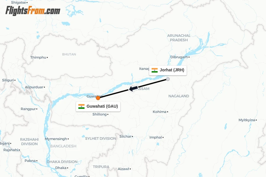 Flights from Jorhat to Guwahati route map