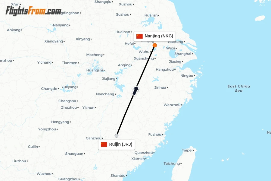 Flights from Ruijin to Nanjing route map