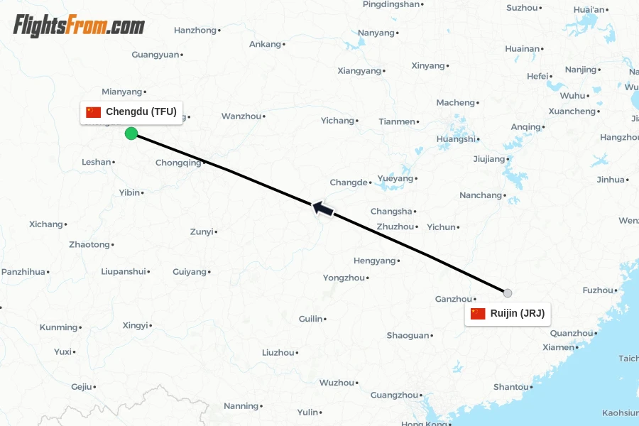 Flights from Ruijin to Chengdu route map