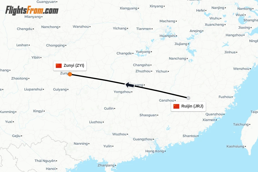 Flights from Ruijin to Zunyi route map