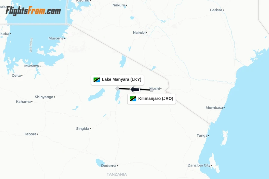 Flights from Kilimanjaro to Lake Manyara route map
