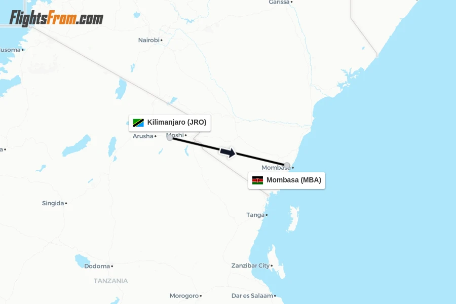 Flights from Kilimanjaro to Mombasa route map