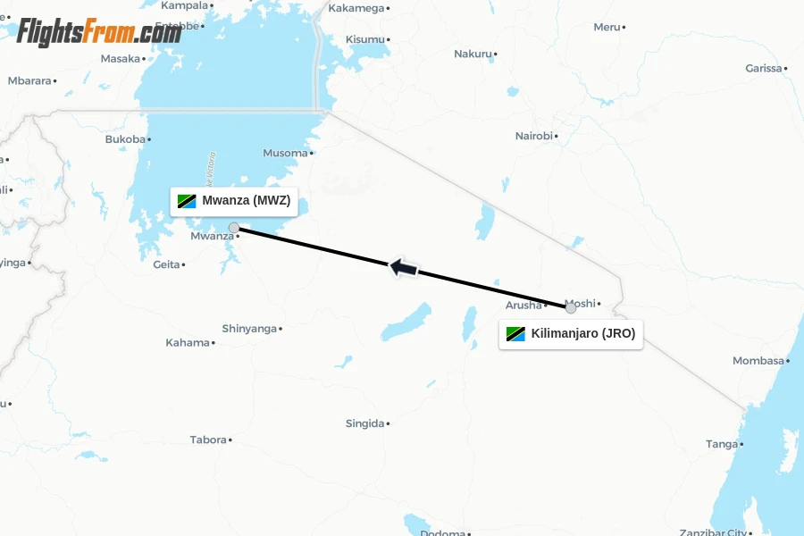 Flights from Kilimanjaro to Mwanza route map
