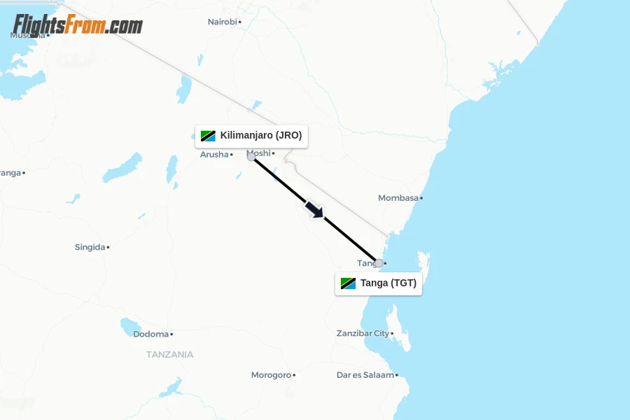 Flights from Kilimanjaro to Tanga route map