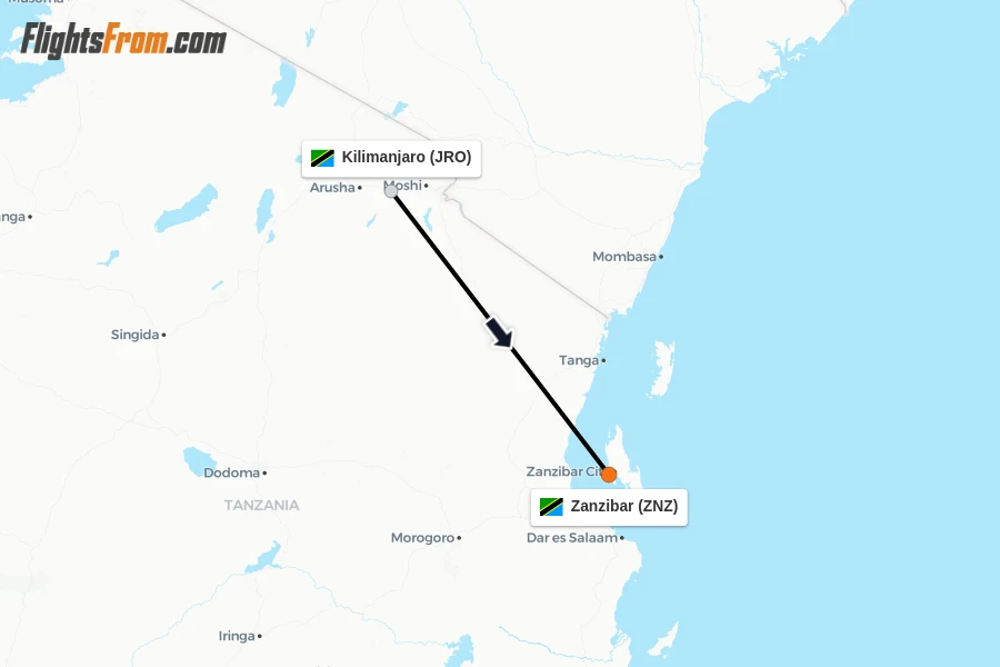 Flights from Kilimanjaro to Zanzibar route map
