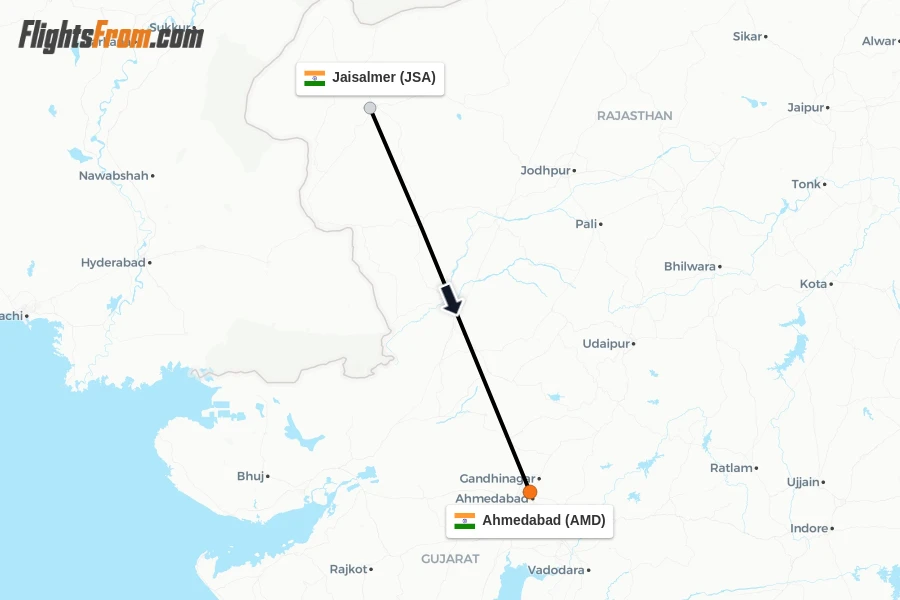 Flights from Jaisalmer to Ahmedabad route map