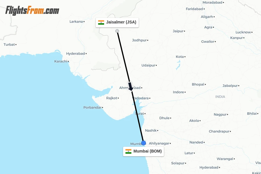 Flights from Jaisalmer to Mumbai route map