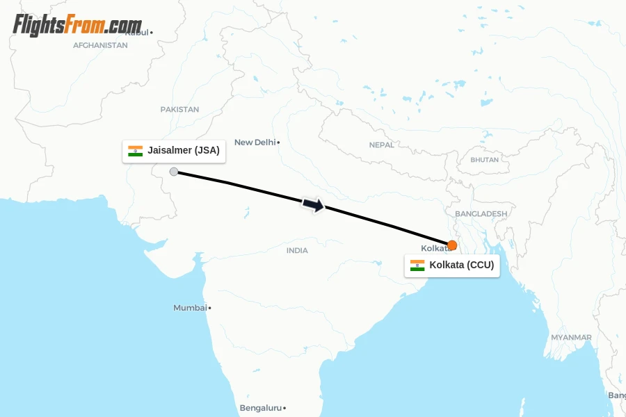 Flights from Jaisalmer to Kolkata route map