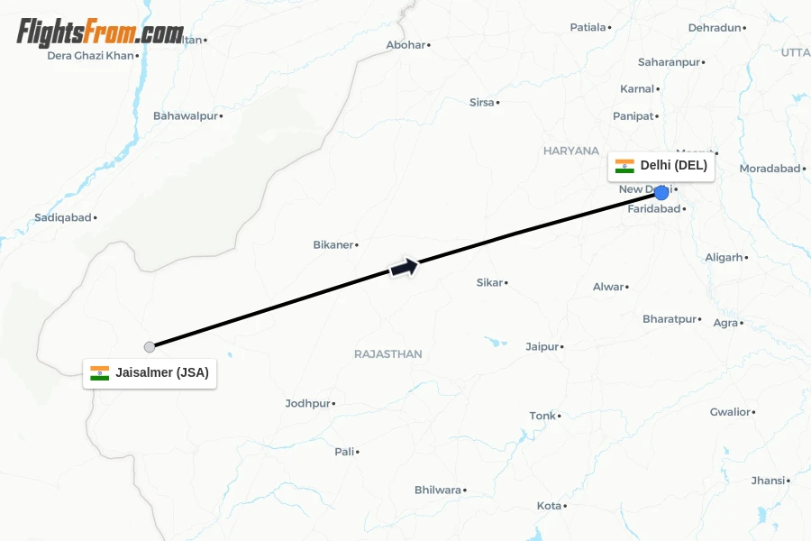 Flights from Jaisalmer to Delhi route map