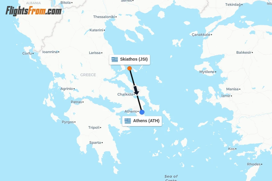 Flights from Skiathos to Athens route map