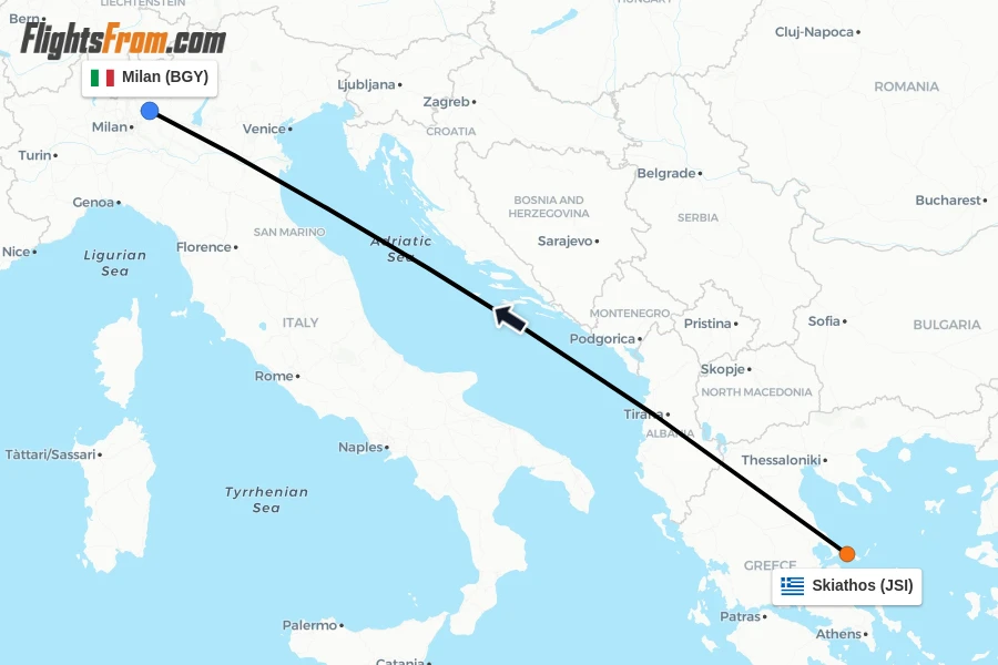 Flights from Skiathos to Milan route map