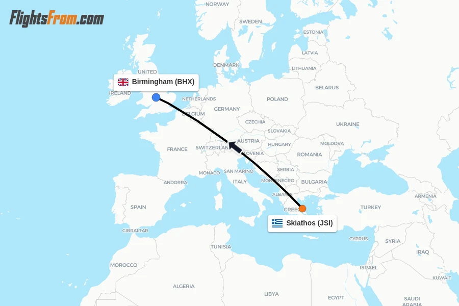 Flights from Skiathos to Birmingham route map