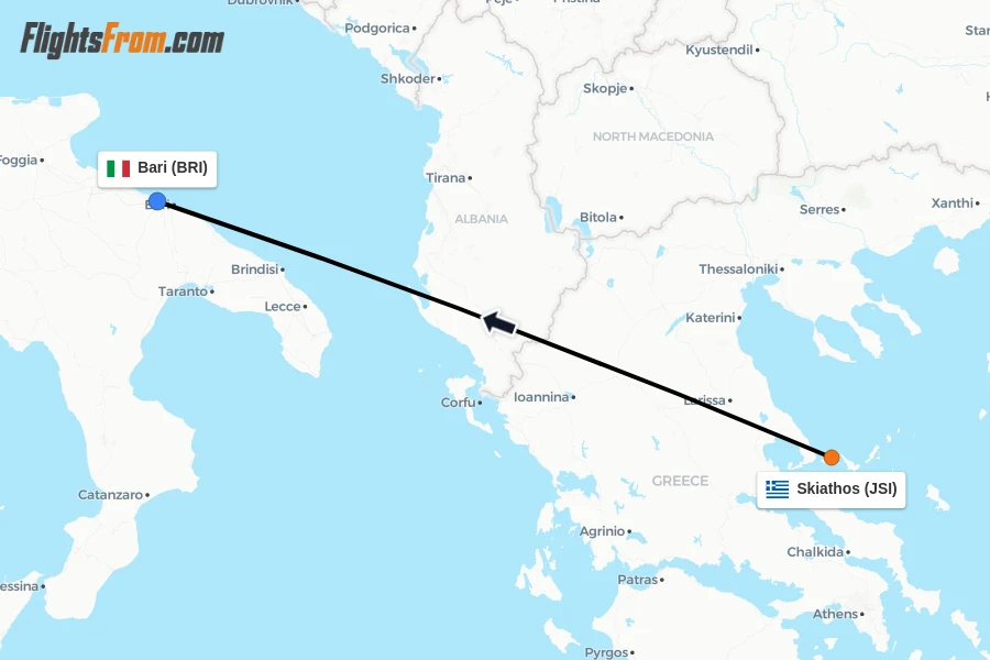 Flights from Skiathos to Bari route map