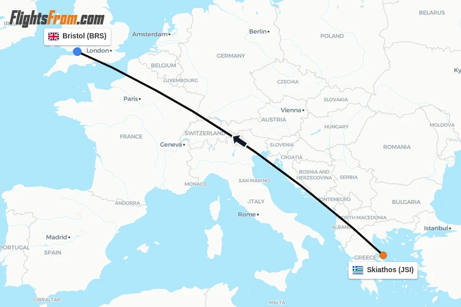 Flights from Skiathos to Bristol route map