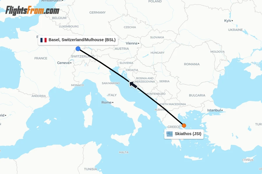 Flights from Skiathos to Basel, Switzerland/Mulhouse route map