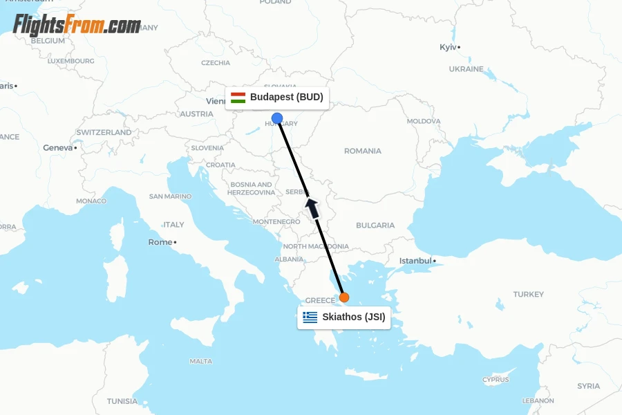 Flights from Skiathos to Budapest route map