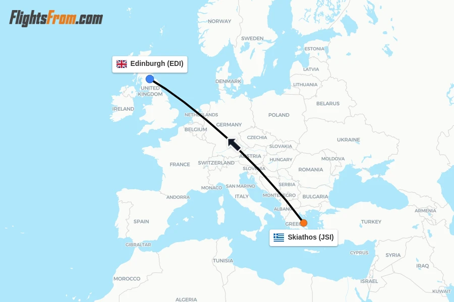 Flights from Skiathos to Edinburgh route map